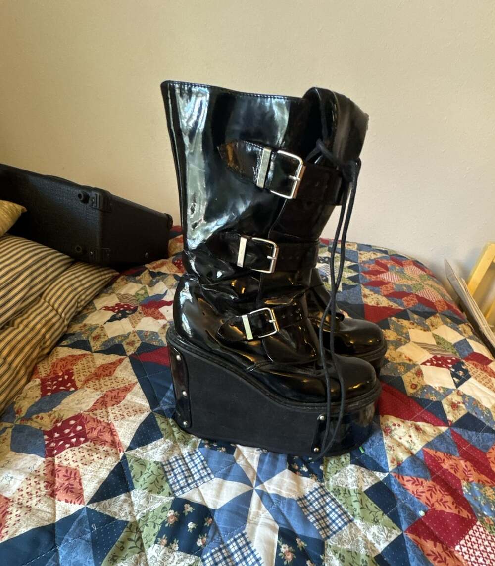 Y2K Hot Topic Black Patent Platform Wedge Boots with Multiple Buckles / Lace Up